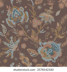 Elegant seamless pattern with ornate floral motifs in earthy tones and soft accents on a rich brown background, designed in an intricate vector style. Ideal for decor and luxury products.