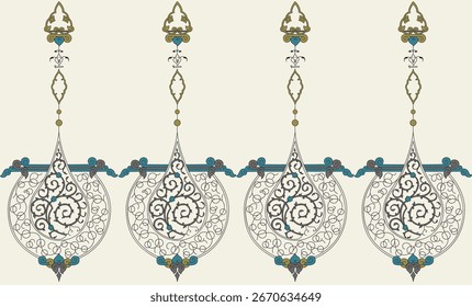 Elegante patrón sin fisuras con adornados motivos arabescos islámicos. Diseños de lágrimas simétricas con intrincados remolinos en oro, verde azulado y gris. Una visión moderna del arte tradicional de Oriente Medio.