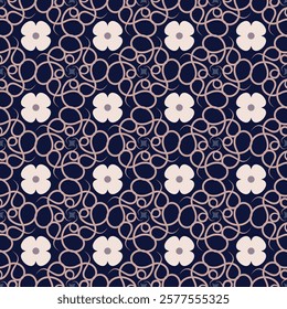 Elegant seamless pattern with ornate lattice and cute flowers. Vector illustration for print, fabric, cover, packaging, interior decor, blog decoration and other your projects.