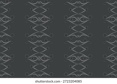 Elegante patrón sin fisuras de volutas de filigrana de plata adornadas sobre un fondo gris carbón oscuro, diseño florido decorativo vintage para la marca de lujo y papelería formal.
