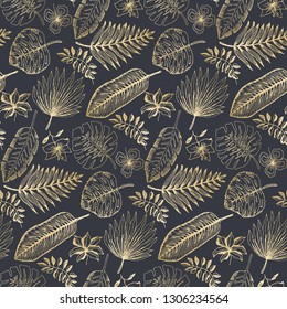 Elegant seamless pattern with outline golden tropical leaves and flowers on dark blue background. Trendy exotic plants texture for textile, wrapping paper, surface, wallpaper, background