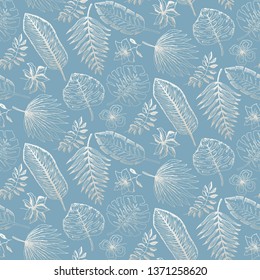 Elegant seamless pattern with outline silver tropical leaves and flowers on pale blue background. Trendy turquoise exotic plants texture for textile, wrapping paper, surface, wallpaper, background