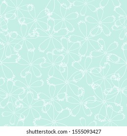 Elegant seamless pattern with outlined white flowers on light blue.  Vector illustration of repeat floral background with white petals for print, wallpaper, textile, scrapbook, wrapping, cover design