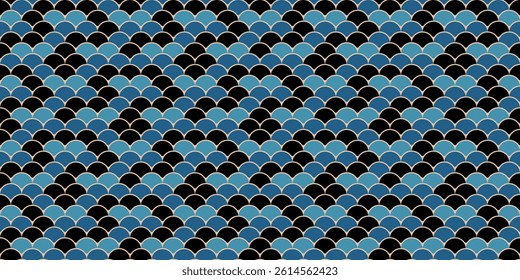 Elegant seamless pattern of overlapping blue scales on black background.  Perfect for textile design, website backgrounds, or art deco inspired projects.