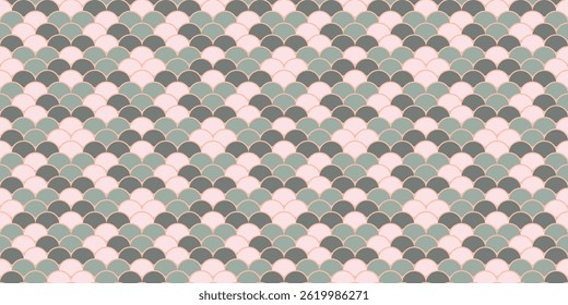 Elegante padrão sem emenda de escamas sobrepostas em rosa suave e verde sábio.  Perfeito para fundos do site, têxteis e artigos de papelaria.