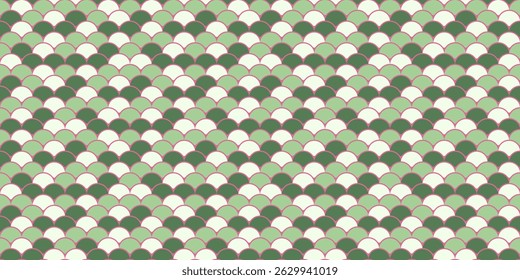 Elegant seamless pattern of overlapping scales in calming green and white hues.