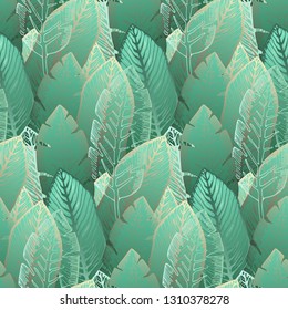 Elegante patrón sin fisuras con un contorno superpuesto dorado y hojas tropicales verdes tiernas. Textura de plantas exóticas de moda para textiles, papel de envolver, superficie, papel tapiz, fondo