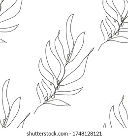 Elegante patrón impecable con hojas de palma, elementos de diseño. Patrón floral para invitaciones, tarjetas, impresiones, envoltura de regalo, manufactura, textiles, tela, papel pintado. Estilo de arte de línea continuo