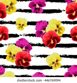 Elegant seamless pattern with pansy flowers in watercolor style, design elements. Can be used for invitations, greeting cards, scrapbooking, print, gift wrap, manufacturing. Stripe background