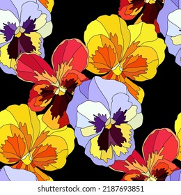 Elegant seamless pattern with pansy, viola flowers, design elements. Floral  pattern for invitations, cards, print, gift wrap, manufacturing, textile, fabric, wallpapers