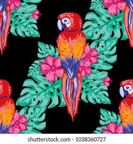 Elegant seamless pattern with parrots, hibiscus and monstera, design elements. Floral tropical pattern for invitations, cards, print, gift wrap, manufacturing, textile, fabric, wallpapers