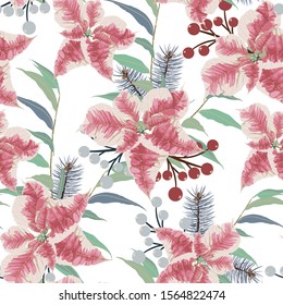 Elegant seamless pattern with parts of winter plants - poinsettia, mistletoe, branches of rowan tree with berries, holly leaves. Hand drawn illustration for wrapping paper, textile print.