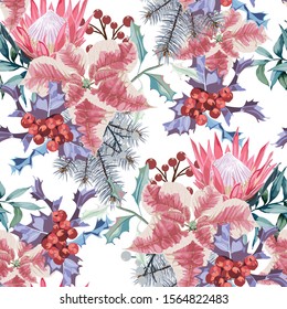 Elegant seamless pattern with parts of winter plants and flowers - poinsettia, mistletoe, branches of rowan tree with berries, holly leaves. Hand drawn illustration for wrapping paper, textile print.