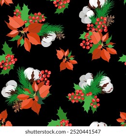 Elegant seamless pattern with parts of winter plants - poinsettia, holly, branches pine, cotton on a black background. For decoration wrapping paper, textile print. Vector illustration.