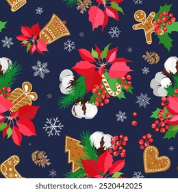 Elegant seamless pattern with parts of winter plants - poinsettia, holly, branches pine, cotton, gingerbread. For decoration wrapping paper, textile print. Vector illustration.