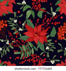 Elegant seamless pattern with parts of winter plants - poinsettia, mistletoe, branches of rowan tree with berries, holly leaves. Hand drawn vector illustration for wrapping paper, textile print.