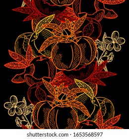 Elegant seamless pattern with peach fruits, design elements. Fruit  pattern for invitations, cards, print, gift wrap, manufacturing, textile, fabric, wallpapers. Food, kitchen, vegetarian theme