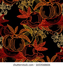 Elegant seamless pattern with peach fruits, design elements. Fruit  pattern for invitations, cards, print, gift wrap, manufacturing, textile, fabric, wallpapers. Food, kitchen, vegetarian theme