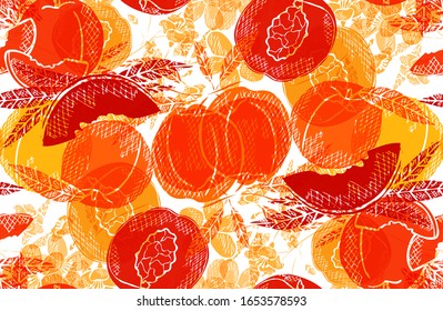 Elegant seamless pattern with peach fruits, design elements. Fruit  pattern for invitations, cards, print, gift wrap, manufacturing, textile, fabric, wallpapers. Food, kitchen, vegetarian theme