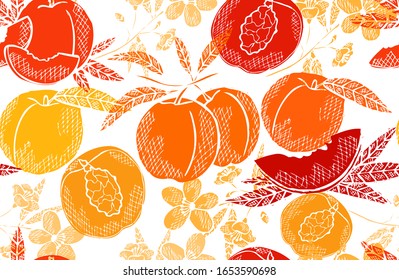 Elegant seamless pattern with peach fruits, design elements. Fruit  pattern for invitations, cards, print, gift wrap, manufacturing, textile, fabric, wallpapers. Food, kitchen, vegetarian theme