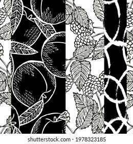 Elegant seamless pattern with peach and raspberry, design elements. Fruit  pattern for invitations, cards, print, gift wrap, manufacturing, textile, fabric, wallpapers. Food, kitchen, vegetarian theme