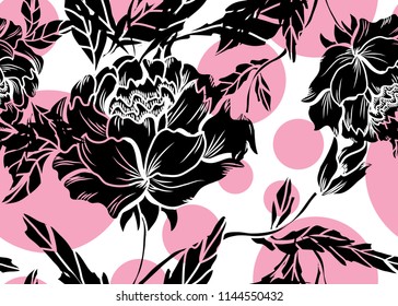 Elegant seamless pattern with peony flowers, design elements. Floral  pattern for invitations, cards, print, gift wrap, manufacturing, textile, fabric, wallpapers