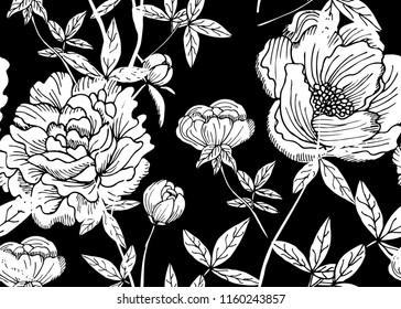 Elegant seamless pattern with peony flowers, design elements. Floral  pattern for invitations, cards, print, gift wrap, manufacturing, textile, fabric, wallpapers