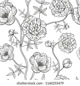 Diseño elegante y sin fisuras con flores de peón, elementos de diseño. Patrón floral para invitaciones, tarjetas, papel, envoltura de regalo, manufactura, textiles, tejidos, papeles pintados
