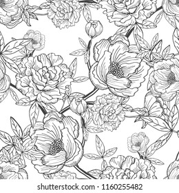 Elegant seamless pattern with peony flowers, design elements. Floral  pattern for invitations, cards, print, gift wrap, manufacturing, textile, fabric, wallpapers