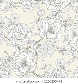 Elegant seamless pattern with peony flowers, design elements. Floral  pattern for invitations, cards, print, gift wrap, manufacturing, textile, fabric, wallpapers