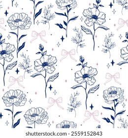 Elegant Seamless Pattern with Peony Flowers and Cute Bows. Hand-Drawn Vector background