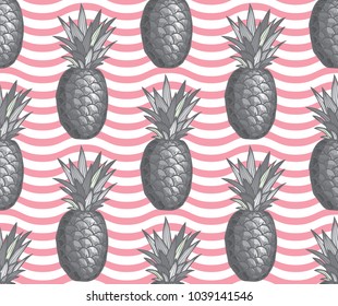 Elegant seamless pattern with pineapple fruits, design elements. Fruit pattern for invitations, cards, print, gift wrap, manufacturing, textile, fabric, wallpapers
