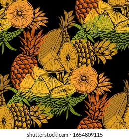 Elegant seamless pattern with pineapple fruits, design elements. Fruit  pattern for invitations, cards, print, gift wrap, manufacturing, textile, fabric, wallpapers. Food, kitchen, vegetarian theme