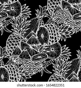 Elegant seamless pattern with pineapple fruits, design elements. Fruit  pattern for invitations, cards, print, gift wrap, manufacturing, textile, fabric, wallpapers. Food, kitchen, vegetarian theme