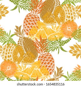Elegant seamless pattern with pineapple fruits, design elements. Fruit  pattern for invitations, cards, print, gift wrap, manufacturing, textile, fabric, wallpapers. Food, kitchen, vegetarian theme