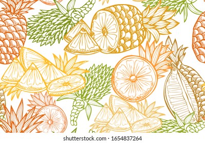 Elegante patrón impecable con frutas de piña, elementos de diseño. Patrón de frutas para invitaciones, tarjetas, impresión, envoltura de regalo, manufactura, textiles, tela, papel pintado. Comida, cocina, temática vegetariana