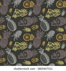 Elegantes, nahtloses Muster mit Ananas Früchten, Design-Elementen. Obstmuster für Einladungen, Karten, Druck, Geschenkverpackung, Herstellung, Textilien, Gewebe, Wallpaper. Essen, Küche, vegetarisches Thema