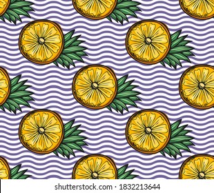 Elegant seamless pattern with pineapple fruits, design elements. Fruit  pattern for invitations, cards, print, gift wrap, manufacturing, textile, fabric, wallpapers. Food, kitchen, vegetarian theme