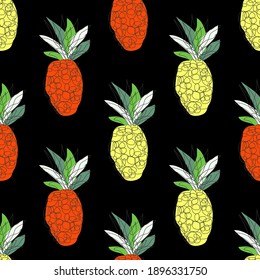 Elegante patrón sin fisuras con frutos de piña, elementos de diseño. Patrón de fruta para invitaciones, tarjetas, impresión, envoltura de regalo, manufactura, textiles, tela, papel pintado, menú café. Línea continua