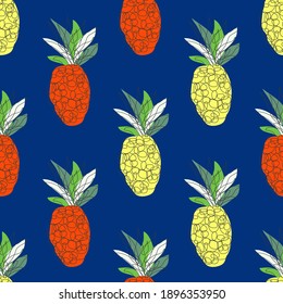 Elegant seamless pattern with pineapple fruits, design elements. Fruit pattern for invitations, cards, print, gift wrap, manufacturing, textile, fabric, wallpapers, caffe menu. Continuous line