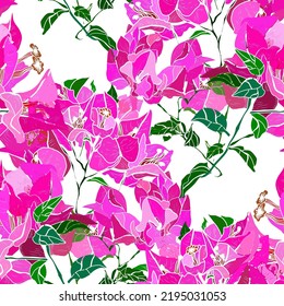 Elegant seamless pattern with pink bougainvillea flowers, design elements. Floral  pattern for invitations, cards, print, gift wrap, manufacturing, textile, fabric, wallpapers svg