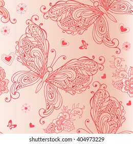 Elegant seamless pattern with pink butterflies, flowers and hearts. Decorative ornament background fabric, textile, wrapping paper, greeting cards, invitations.