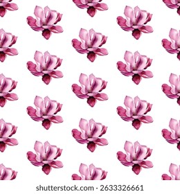 Elegant seamless pattern of pink magnolia flowers on a white background. Perfect for textiles, wallpapers, and gift wrap. A refined floral design with delicate details for stylish and timeless decor.