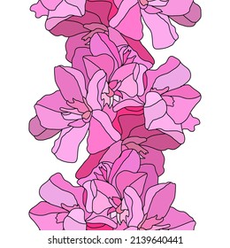 Elegantes, nahtloses Muster mit rosafarbenen Oleanderblumen, Designelementen. Blumenmuster für Einladungen, Karten, Druck, Geschenkverpackungen, Herstellung, Textilien, Gewebe, Wallpaper