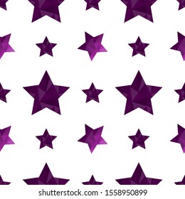 Elegant seamless pattern with pink and purple polygonal stars n the white background. Modern ornament for cards, invitations, scrapbook, wrapping paper, packets, diapers, pajamas. Vector illustration