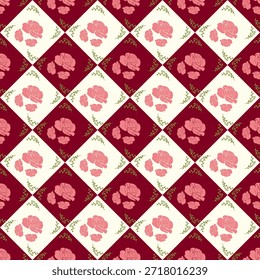 Elegante patrón sin fisuras de rosas y hojas rosas sobre fondo de tablero de ajedrez rojo y crema