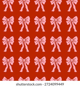 Elegant seamless pattern of pink tied bows on a red background. Trendy repeat texture for wedding, holiday, party decoration, gift, present concept, wrapping paper. Vector illustration