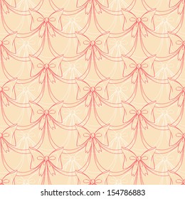 Elegant seamless pattern with pink and white bows on a beige background. vector illustration 