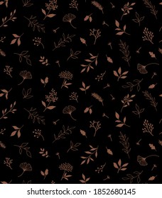 Elegant seamless pattern with plants and herbs. Hand drawn vector illustration.