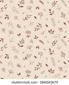 Elegant seamless pattern with plants and herbs. Hand drawn vector illustration.